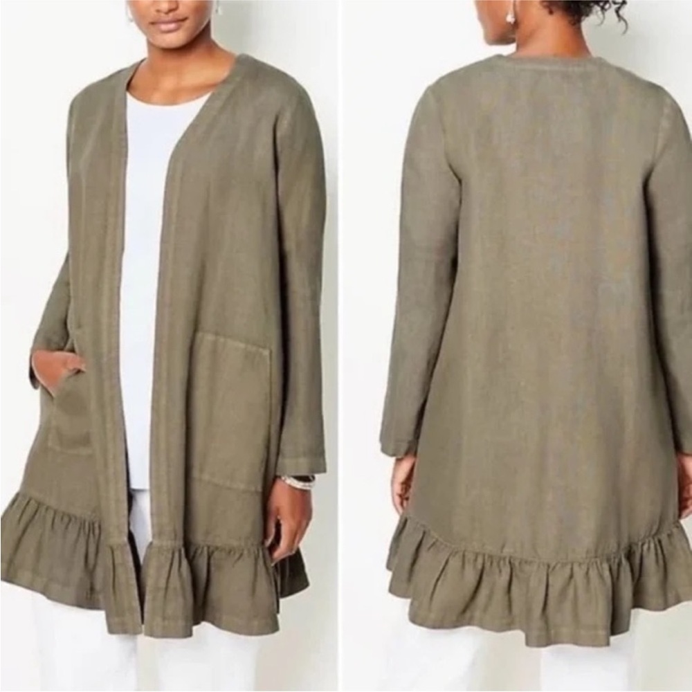J. JILL Garment Dyed Linen Olive Green Cardigan Jacket Coastal Longline sz L